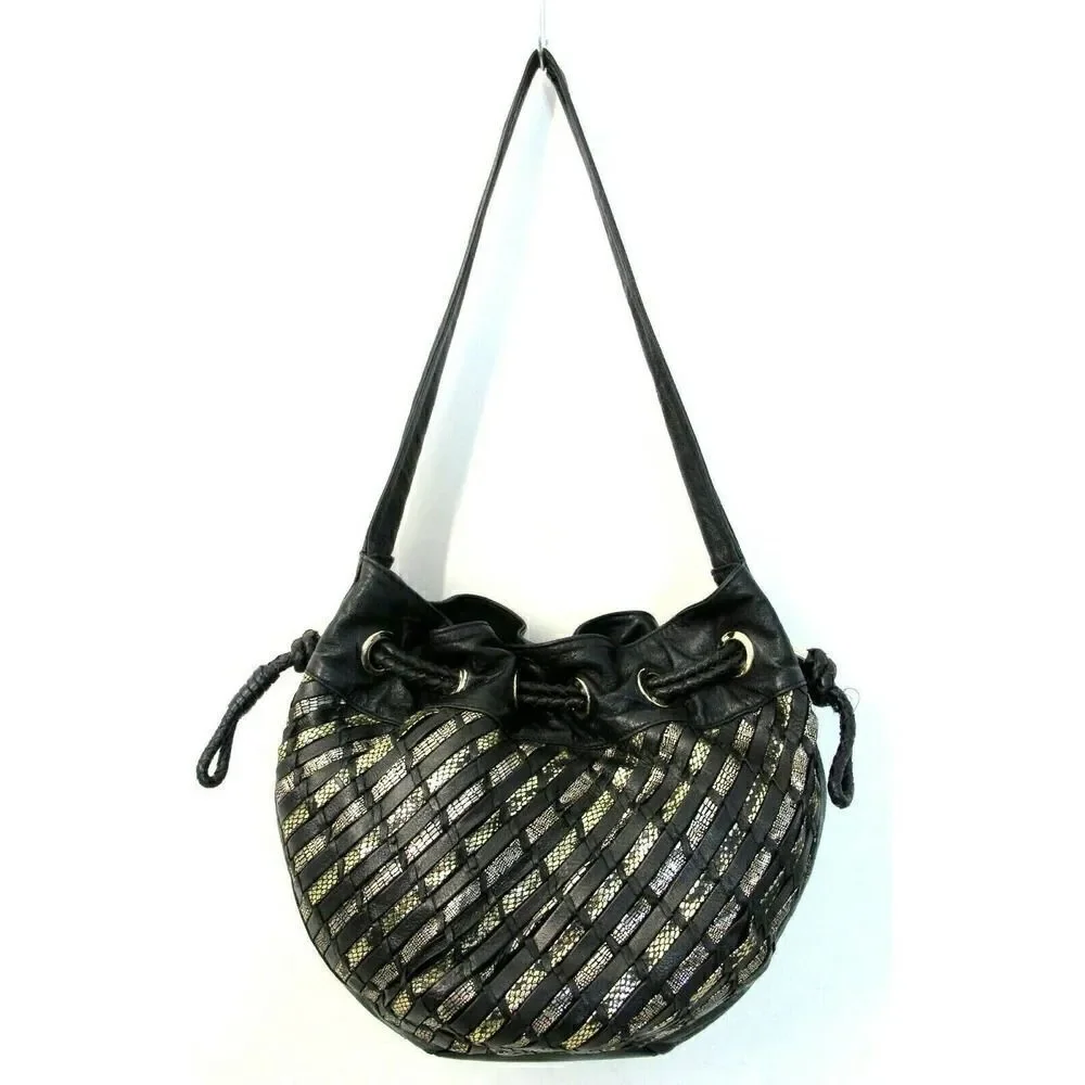 Elliott Lucca BLACK GOLD WOVEN GENUINE LEATHER DRAWSTRING SHOULDER BAG PURSE